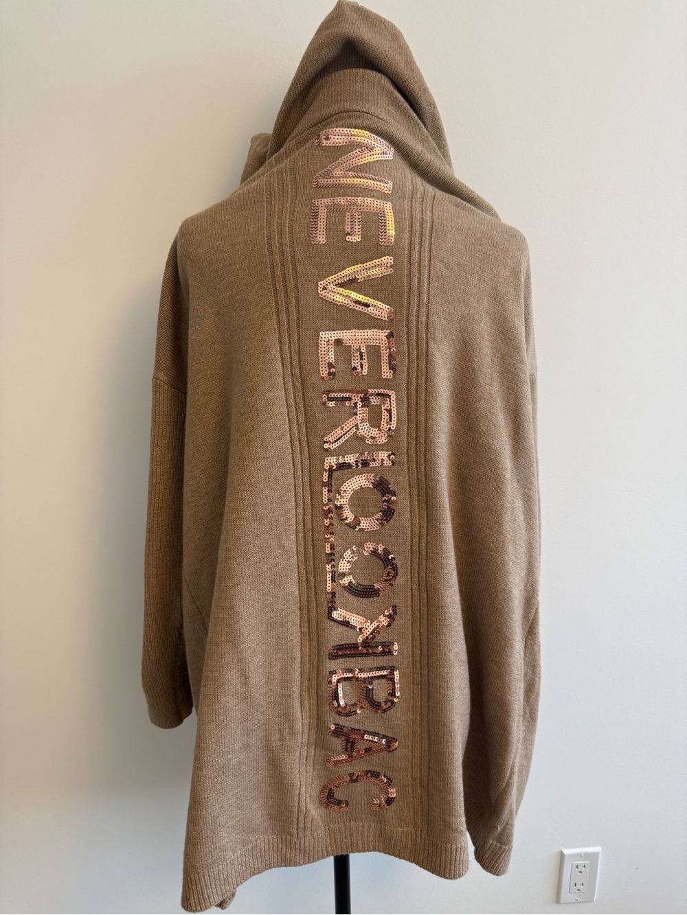 NeverLookBac Teddy Hooded Open Cardigan with Sequin Back - Brown